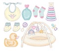 Super set, baby things, toys and clothes. kids cocoon, booties, rubber duck, pacifier, bib, pyramid, socks, dummy, and baby wash