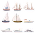 Super set of water carriage and maritime transport in modern cartoon design style. Ship, boat, vessel, warship, cargo Royalty Free Stock Photo