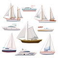 Super set of water carriage and maritime transport in modern cartoon design style. Ship, boat, vessel, warship, cargo