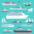 Super set of water ships carriage maritime boat, vessel, warship, yacht, wherry, hovercraft transport in modern flat