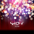 Super show poster template with bokeh lights. Greeting, theater, concert, musical dance, presentation. Beautiful scene