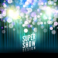 Super show poster template with bokeh lights. Greeting, theater, concert, musical dance, presentation. Beautiful scene with curtai Royalty Free Stock Photo