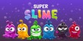 Super slime horizontal banner. Funny cute cartoon alien slimy characters. Royalty Free Stock Photo