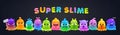 Super slime horizontal banner. Funny cute cartoon rainbow slimy characters. Royalty Free Stock Photo