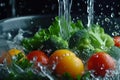 Super slow motion Vegetables smoothly blend in transparent mixer, water swirling
