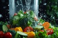 Super slow motion Vegetables smoothly blend in transparent mixer, water swirling