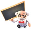 Super smart mad scientist professor teaches at the chalkboard, 3d illustration