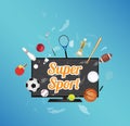 Super Sport on smart television screen with sport equipment floating on exploded smart television