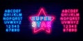 Super star neon sign. Talent competition. Celebrity label. Show and party celebration. Event flyer. Vector illustration Royalty Free Stock Photo