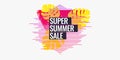 Super summer sale. Abstract background with palm leave and geometric shapes.