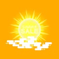 Super summer sale banner with sun and cloud on the yellow background. Business seasonal shopping concept, vector Royalty Free Stock Photo