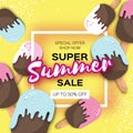 Super Summer Sale with ice-cream in paper cut style. Origami Melting ice cream on yellow. Space for text. Square frame.