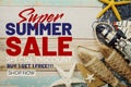 Super Summer Sale promotion decoration with nautical marine ornament on wooden background