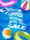 Super summer sale with swimming pool and inflatable toys. View above. Royalty Free Stock Photo