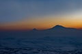 Super sunset and beautiful mountain. Blue sky with clouds and different colors