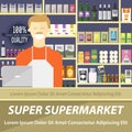 Super supermarket flat design layout. Vector illustration of smiling seller in a store with full shelves of different abstract goo