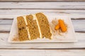 Super three-tier carrot cake with dried fruit and raisins Royalty Free Stock Photo