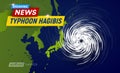 Super typhoon Hagibis, 5 category. Clouds funnel on map near japan, most powerful typhoon in japan, breaking news TV