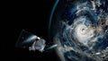 Super Typhoon, strongest storm on Earth. Collage with hurricane, satellite view with spaceship