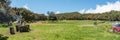 Super wide panorama of Picnic barbecua area in the center of the unique relict forest of National Park surrounded by young green