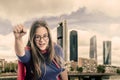 Super woman hero with red cape and mask in Madrid. Vintage color Royalty Free Stock Photo