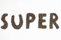 Super word made of chia seeds in white background