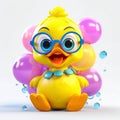 Super yellow cute smiling baby duck with balloons, wearing glasses on solid background. Generative AI