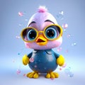 Super yellow cute smiling baby duck with balloons, wearing glasses on solid background. Generative AI