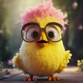 Super yellow cute smiling Chicken, wearing glasses on solid background. Generative AI