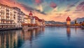 Superb autumn cityscape of Lucerne town with famous old wooden Chapel Bridge Royalty Free Stock Photo