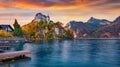 Superb evening view of Johannesbergkapelle church. Incredible autumn scene of Traunsee lake.