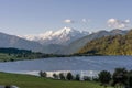 Superb panoramic view of Lago della Muta with the snowy Mount Ortles in the background, South Tyrol, Italy