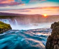 Superb summer sunrise on Godafoss Waterfall. Impressive morning scene of Skjalfandafljot river, Iceland, Europe. Beauty of nature