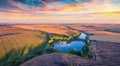 Superb summer sunrise on Ternopil outskirts with two lakes and asphalt road on the midle Royalty Free Stock Photo