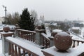 Vitebsk, Belarus, January 5, 2024. Granite balls as a decoration for the stairs at the top of the hill.