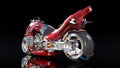 Superbike with chrome engine, red futuristic motorcycle isolated on black background, rear view, 3D render