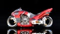 Superbike with chrome engine, red futuristic motorcycle isolated on black background, side view, 3D render