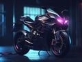 A superbike in the parking lot. In an area that uses cinematic lighting and light sources from a certain direction.