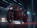 A superbike in the parking lot. In an area that uses cinematic lighting and light sources from a certain direction.