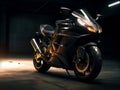 A superbike in the parking lot. In an area that uses cinematic lighting and light sources from a certain direction.