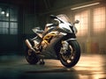 A superbike in the parking lot. In an area that uses cinematic lighting and light sources from a certain direction.