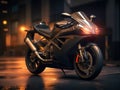 A superbike in the parking lot. In an area that uses cinematic lighting and light sources from a certain direction.