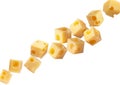 Superbly retouched cheese cubes fly and levitate in space. Isolated not white