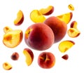 Superbly retouched whole peaches and slices fly and levitate in space. Selective focus. Isolated on white