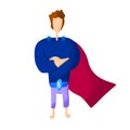 Superboy, superchild or secret super agent standing in powerful posture. Boy wearing mask, bodysuit and cape. Brave and strong