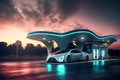 Supercar is plugged into a futuristic charging station at a modern electric filling station. LED lights and sleek design