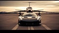 supercar and private jet on a majestic landing strip, Generative AI Royalty Free Stock Photo