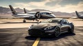 supercar and private jet on a majestic landing strip, Generative AI Royalty Free Stock Photo