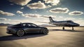 Supercar and private jet on a pristine landing strip, Generative AI Royalty Free Stock Photo