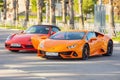 Supercars Lamborghini and Porsche parked. Russia, Sochi. 04 december 2021